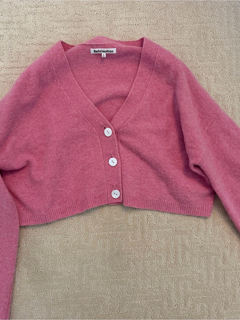 Reformation Rose Pink Cropped V-Neck Button Cardigan